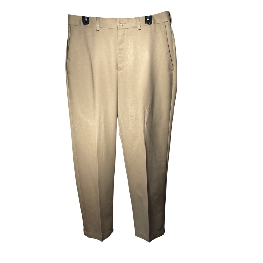 Haggar Mens Tan Straight Fit Dress Pants Size 34x30 Pleated Front